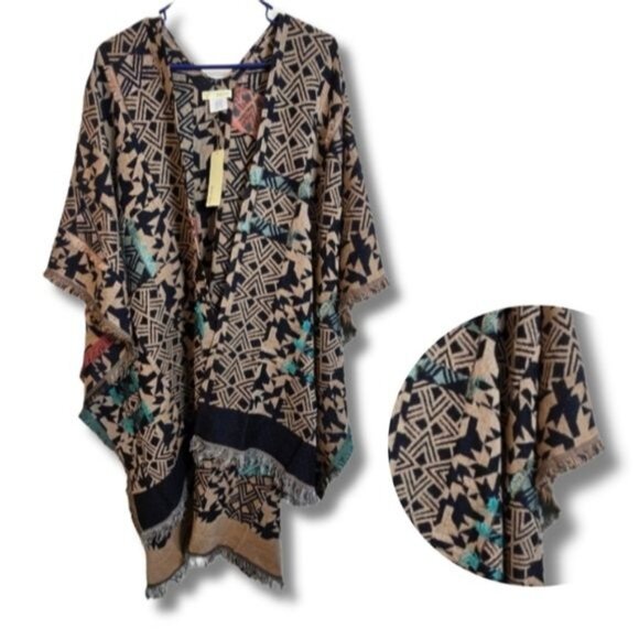 Bay Sky Poncho Abstract Print Fringe Open Front Cardigan Multicolor One Size - Picture 2 of 11